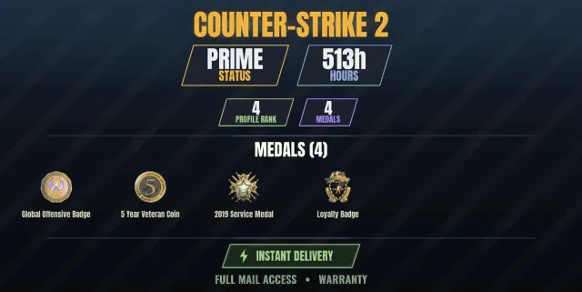 CS2 Prime🎯513h👑4 medals Medal for Service 2019, Loyalty Badge, 5 Year Veteran Coin, Global, Sale, With inventory, Has PRIME