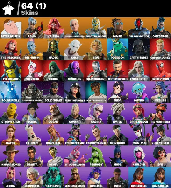 👕 64 Skins 🎮 1182 Level 💰 650 V-Bucks 💰 Peter Griffin | Ronin | Valeria | Paradigm (Reality-659), Verkauf, Skins 64