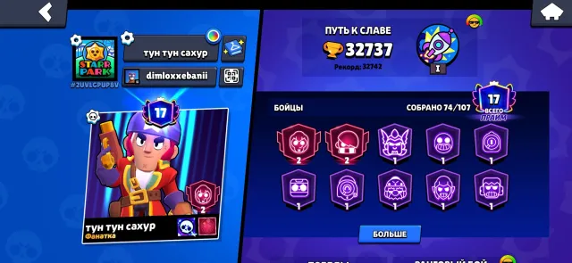 Acu 1 year, 32737 trophies, 74 brawlers, 17 primes