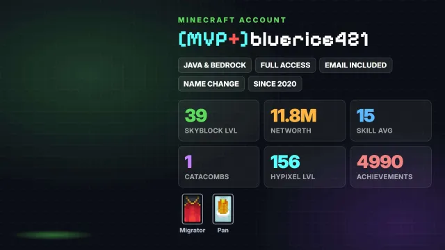 👑 [MVP+] 🌱 SkyBlock Level 39 💰 11.8M Networth 🦸 Cloaks (2): Migrator ✅ Java & Bedrock & full access, Sale, All account data