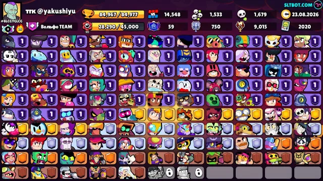 #1 Куплено 12 Brawl Pass і 2 Pro Pass, 60 11сил, 9015эло (Мастер 1), 84967 кубков, 102 бравлерів, 59 праймов