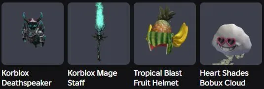 2025 | Korblox Deathspeaker + Heart Shades Bobux Cloud + Tropical Blast Fruit Helmet + 323 Robux, Sale, Voice chat: No
