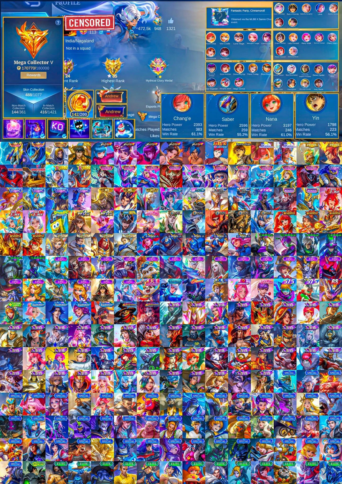 🔥Legend Saber Alucard, 5 Kof, 2 Transformer, Eren, 10 Luckybox, 4 Zodiac 🔥Check Image🔥, Sale, Rank: Mythic, Level: 143, Winrate: 50%, Heroes: 132, Skins: 488