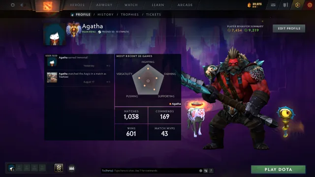 🎮 Титан 🎯 Мейнпул 🏆 43 Трофей 🕹️ Матчей: 1064 🎫 Жетонов: 11 🎁 Arcana Techies, Продажа, 6009 MMR, 9654 порядочности, 7802 вежливости, 1064 матчей, 2415 часов