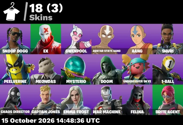 🔥 【FORTNITE】 💚 Snoop Dogg, Ex, Gwenpool, Avatar State Aang, Aang, Shuri 💚 18 skins | 241 level, Sale, skins 18