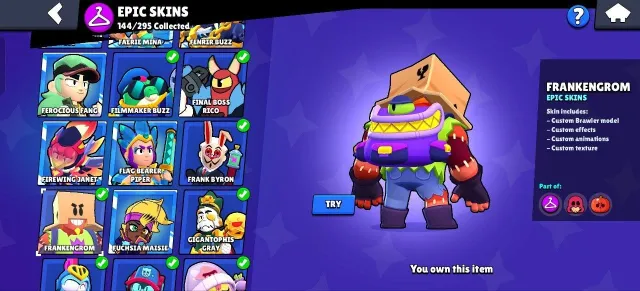 354 skins 21 mythic skins + 11 legendary 4 mecha skins, come check the screenshots of the account., 87000 trophies, 104 brawlers, 71 primes