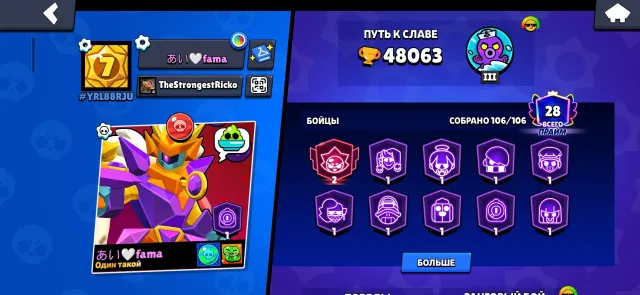 Top account 1 2 prime on Sirius for normal base, 48000 trophies, 106 brawlers, 28 primes
