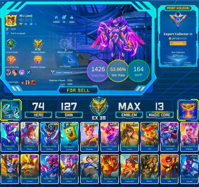 LUCKYBOX KARRIE | Hero 74 - Skins 127 | More Details Check Screenshot | Moonton Login - All Empty, Продажа, Ранг: Мифическая честь, Уровень: 63, Процент побед: 53%, Герои: 74, Облики: 127