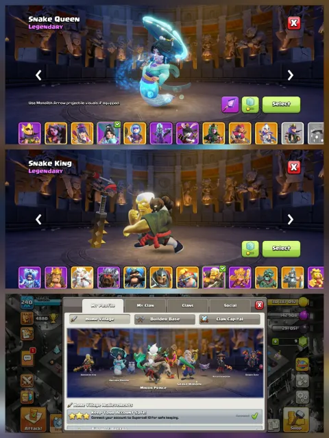 Th18➤Max base➤Legend 1➤Max hero➤Snake skin set➤47 skins➤Lab 3 left➤Craft all 24 lvl➤70/75%, 18 TH Родной Деревни, 10 TH Строителя
