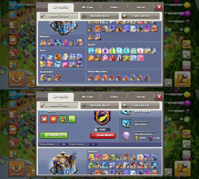 TH18➤271 XP➤6 Heroes Max➤Pets Max➤Guardians Max➤Lab 1 Left➤Base Cosle Max➤Rare Builder Skin➤NC 500, 18 TH Родной Деревни, 10 TH Строителя