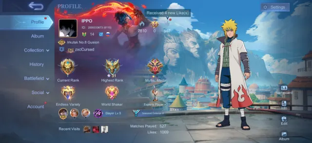 NARUTO MINATO GOSSEN VR 65% 200+ MATCHES. Also has good skins, Sale, Rank: Mythic, Level: 14, Win rate: 63%, Heroes: 56, Skins: 60