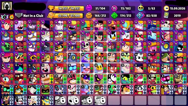 🏆74000🏆👑4 35 RANK👑💬PIN 35 RANK💬💵3 OLD BP💵⚔️73x11 POWER⚔️👺KUNG-FU BROCK👺🌊AQUABIKER JACKY🌊, 74757 trophies, 102 brawlers, 27 primes