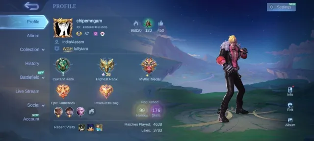 Gaara Vale pegasus badang zodiac zhask EPIC⚡🔥 moskov Uranus leomord Carmila Gusion irthil, Sale, Rank: Mythic, Level: 57, Winrate: 50%, Heroes: 99, Skins: 176