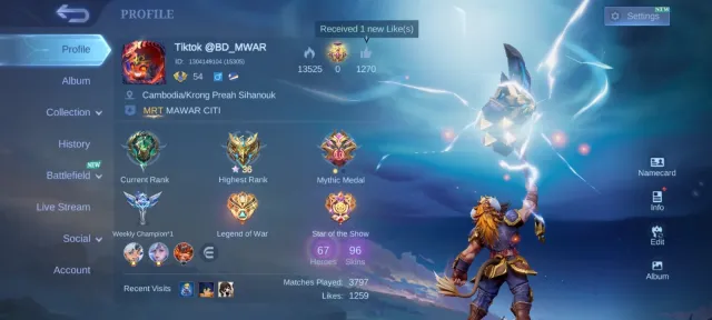 [SEA/GLOBAL] Ex-Honor 36⭐ | 96 Skins | Lightborn Tigreal, Dragon Tamer Almost MAX, Sale, Rank: Epic, Level: 54, Win Rate: 52%, Heroes: 67, Skins: 96