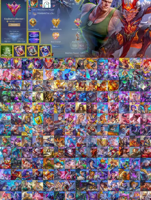 🏆 EXP Laner👑 Alpha 👑 Franco 👑 Alucard Legend 🎭 Sun Collector 🥊 Dyrroth Street Fighter 🍥 Itachi, Sale, Rank: Mythical Immortal, Level: 127, Winrate: 55%, Heroes: 133, Skins: 424