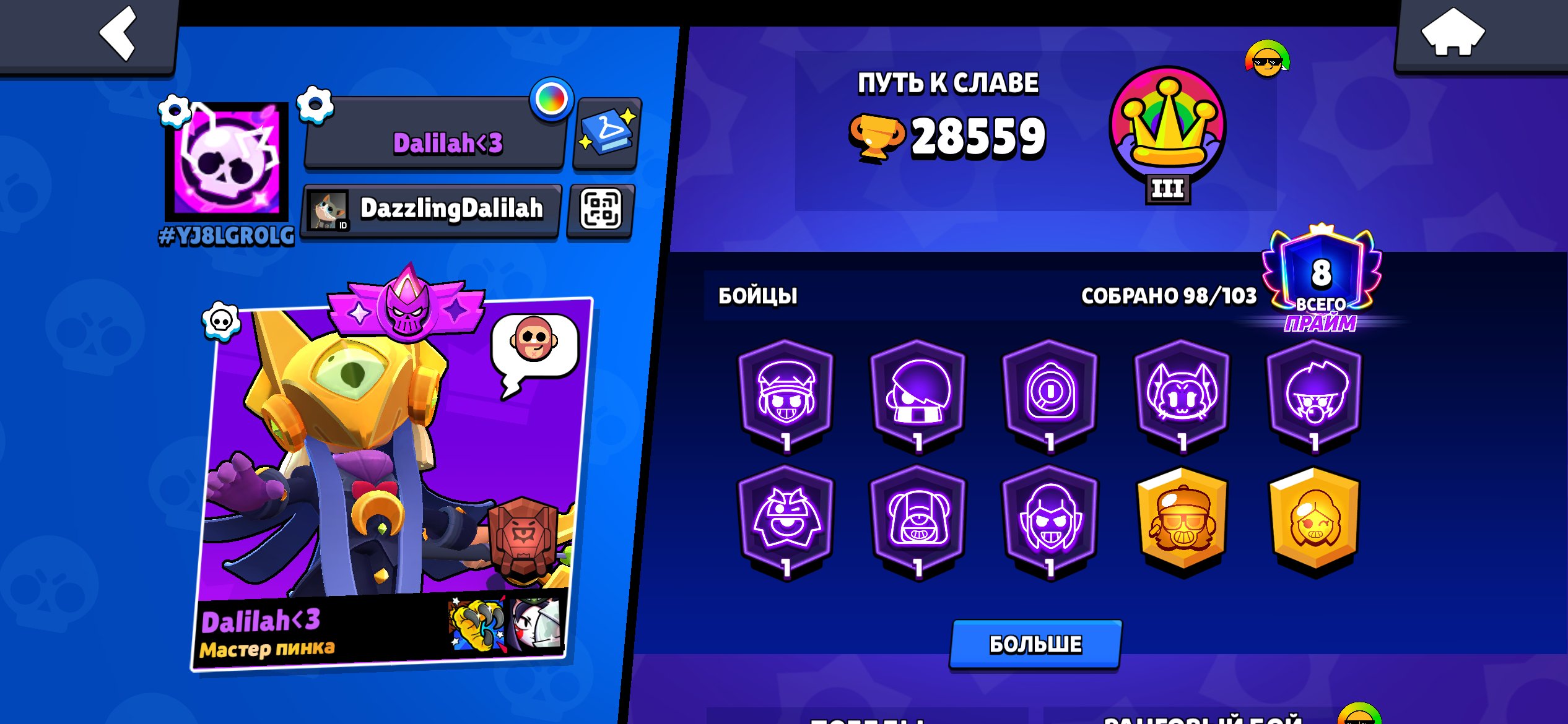 The account is very good, there are rare icons, the account was created in 2021., trophies 28500, brawlers 98, primes 8