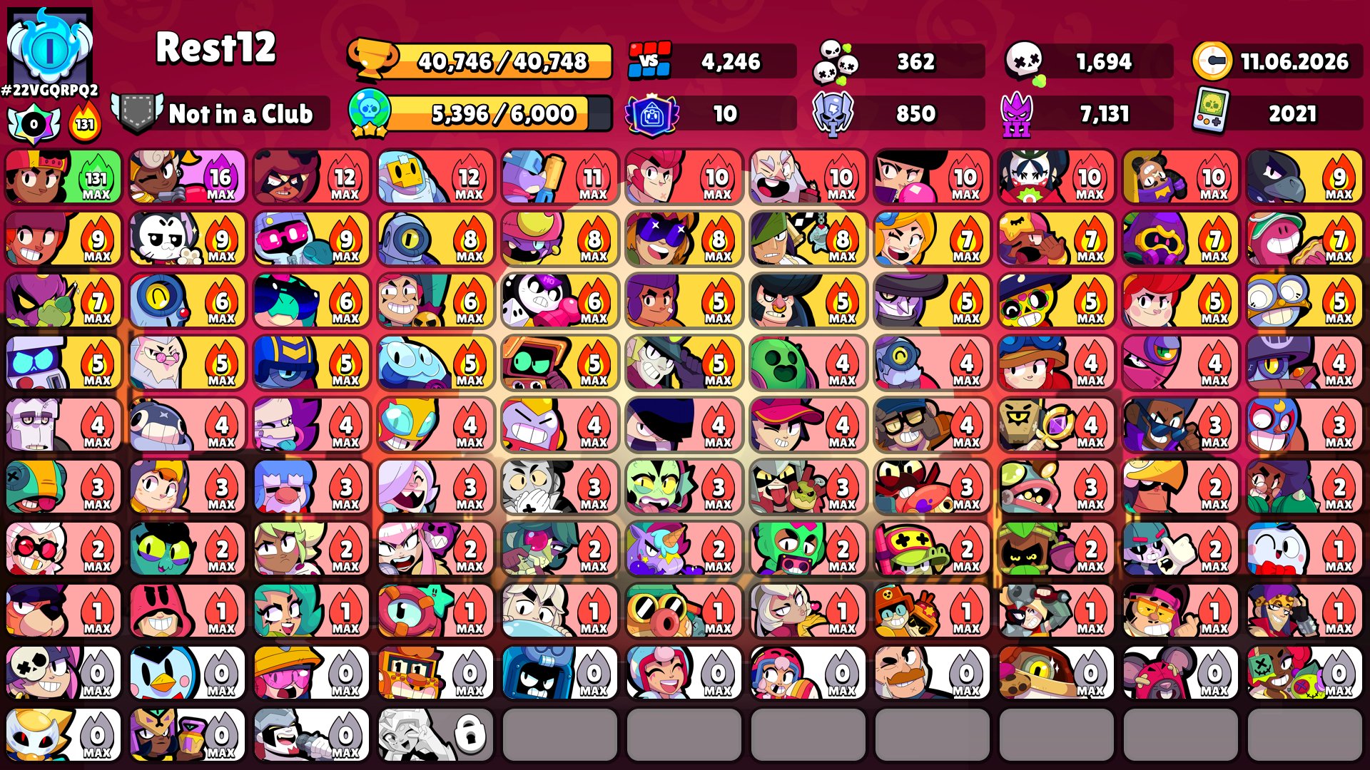 🎋WAS BP+🎫|🎉|[A LOT OF LIMITED SKINS]|RE-BINDING 🎋|290+ SKINS|47-11🎊FAD ACC 21 YEARS OLD, trophies 40746, brawlers 102, primes 10