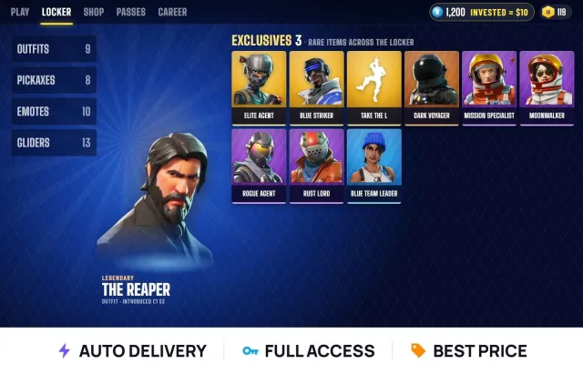 (PC/XBOX/Android/iOS) 🌀 9 skins 🌀 Level 119 🌀 Reaper + Elite Agent + Blue Fighter + Dark Voyager, Sale, skins 9