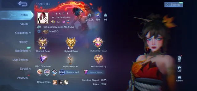 ❤️🔥Chuu kof;Street Gwina;AOT Fanny;Soul Sisi;Vex Asp;Call Ksava;Champion Joy;Has TP❤️🔥, Sale, Rank: Mythical, Level: 53, Win Rate: 48%, Heroes: 121, Skins: 253