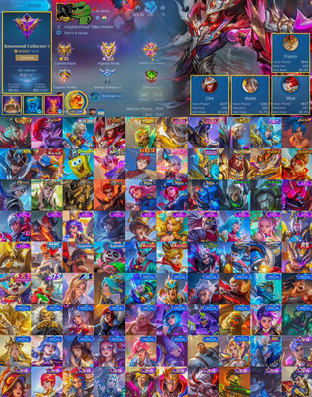 🎭 Lesley Collector ⚔️ Clint Soul Vessel 🏍️ Roger Metro 🥋 Chou KOF 👑 Granger Prime 💎 Kaja Lucky Box, Sale, Rank: Mythical Immortal, Level: 48, Winrate: 60%, Heroes: 102, Skins: 212