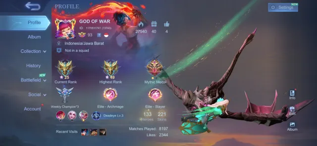SAFE & CHEAP | EMBLEM MAX, NATALIA COLLECTOR & HAVE 34 EPIC SKIN, Продажа, Ранг: Мифический, Уровень: 123, Процент побед: 48%, Герои: 133, Облики: 221