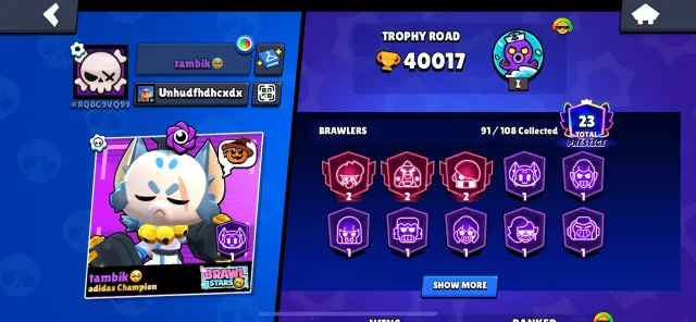 TOP ACCOUNT😋40k CUPS🏆23 PRIME AND WITH THREE 2🥺91 BRAWLERS☺️, 400 cups, 91 brawlers, 23 primes