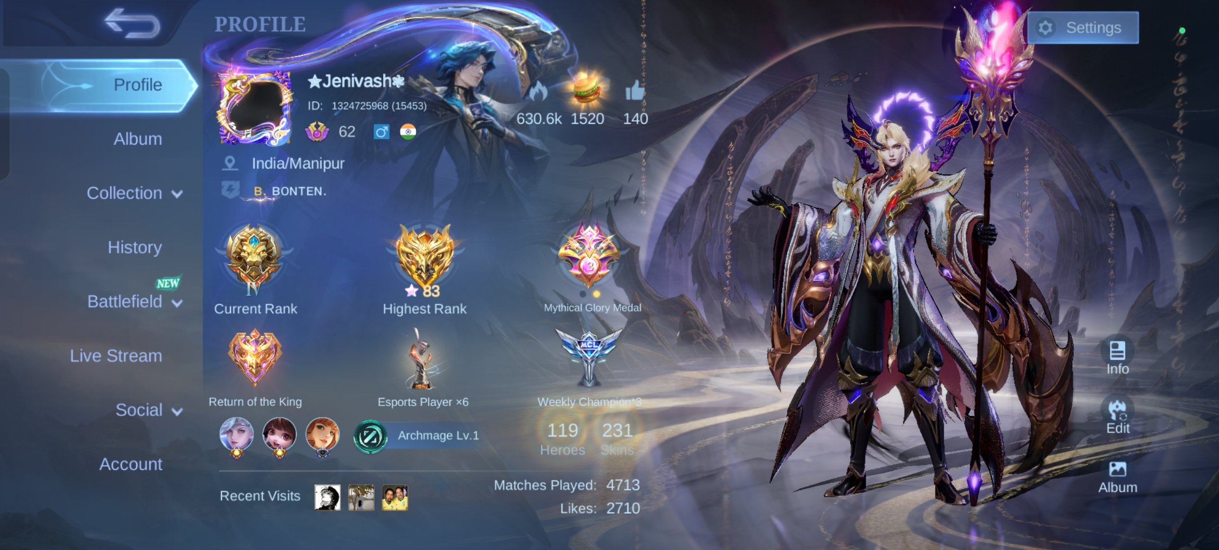 Good WR, Vessels Cecilion, KOF Guinevere, Clouds Xavier, Luckybox Guinevere, SpongeBob, Global 🔥, Sale, Rank: Mythic, Level: 92, Winrate: 54%, Heroes: 119, Skins: 231
