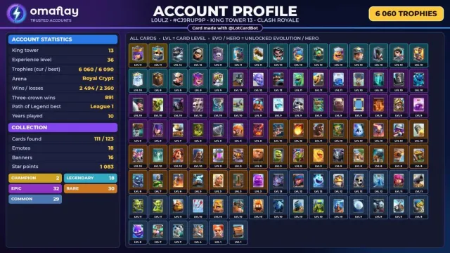 ⚡ CLASH ROYALE ⚡ 0 EVO • 2 CHAMP. • 18 EMOJIS • 6 060 🏆 • KING 13 #3E3L5J, Arena 17, Level 36, 6060 trophies, 111 cards, 18 leg, No