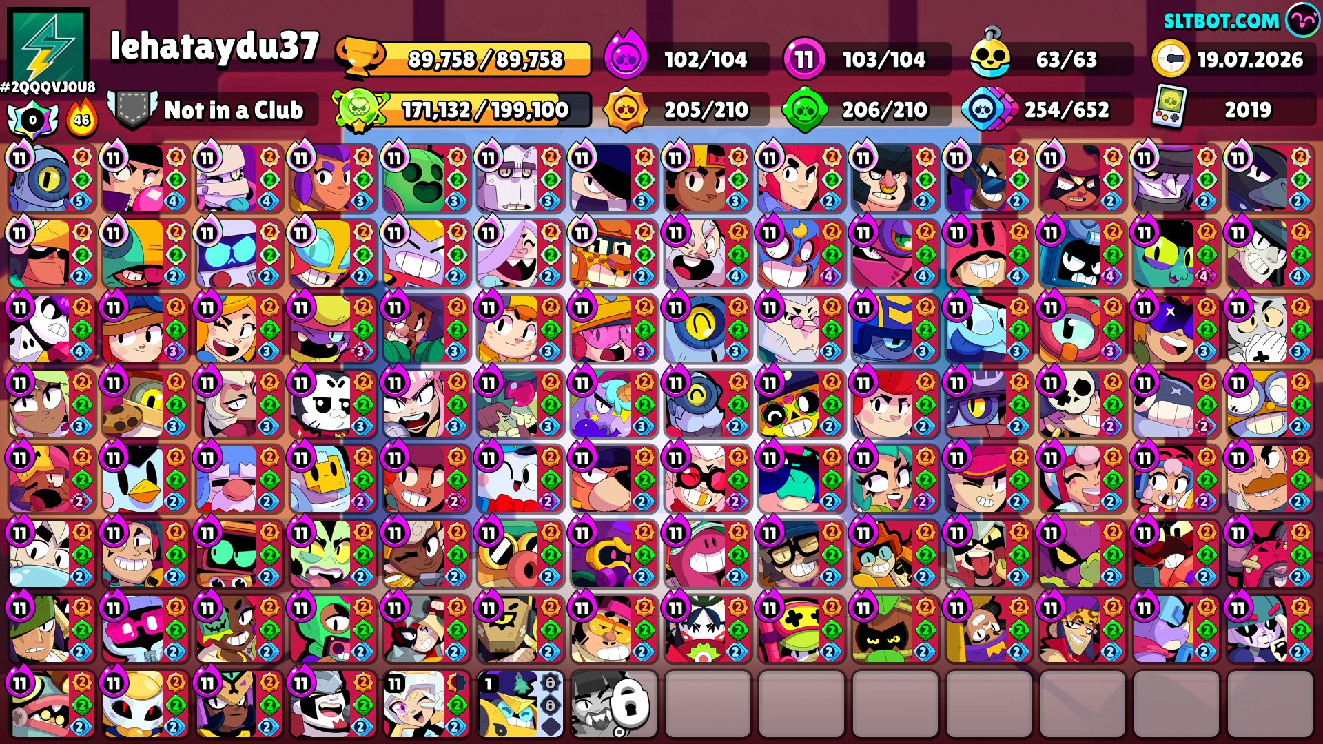 103 – 11 powers 💪 102 – Hypers 🟣 480+ skins Glory: Alien 💚 2019, trophies 89750, brawlers 104, primes 48