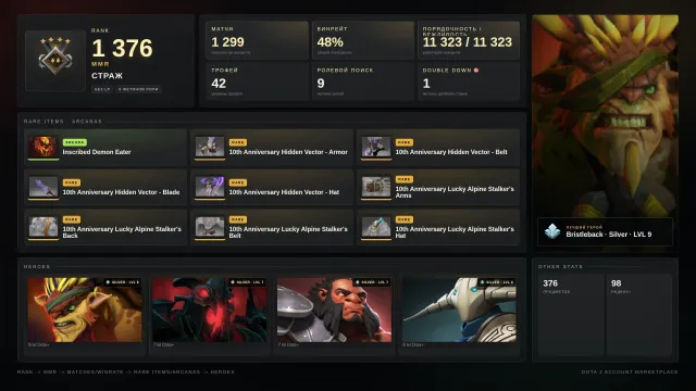 ⛩️💜Страж 4 | 1376 MMR | 11.323 ПОРЯДОЧНОСТЬ | трофей 42💜⛩️аркана SF Demon Eater, личность Ам💜⛩️, Продажа, 1376 MMR, 11323 порядочности, 11 вежливости, 1300 матчей, 1000 часов