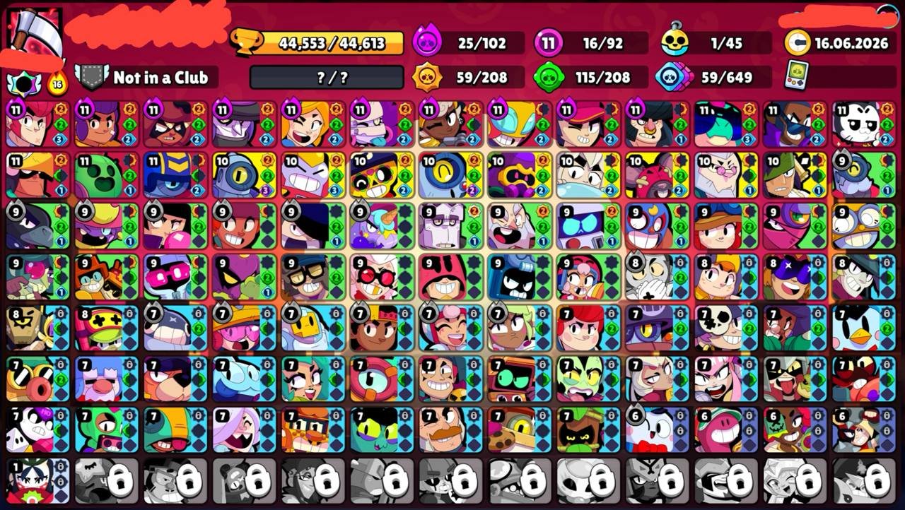 🗯📌44,553🏆🌟92/103👤25 HYPER16 11 POWER🪙175 SKINS ~ 14,385 GEMS💠7 TITLES💮1 BUFF🌀🔰〔NAME CHANGE FREE〕🔰, trophies 44553, brawlers 92, primes 6