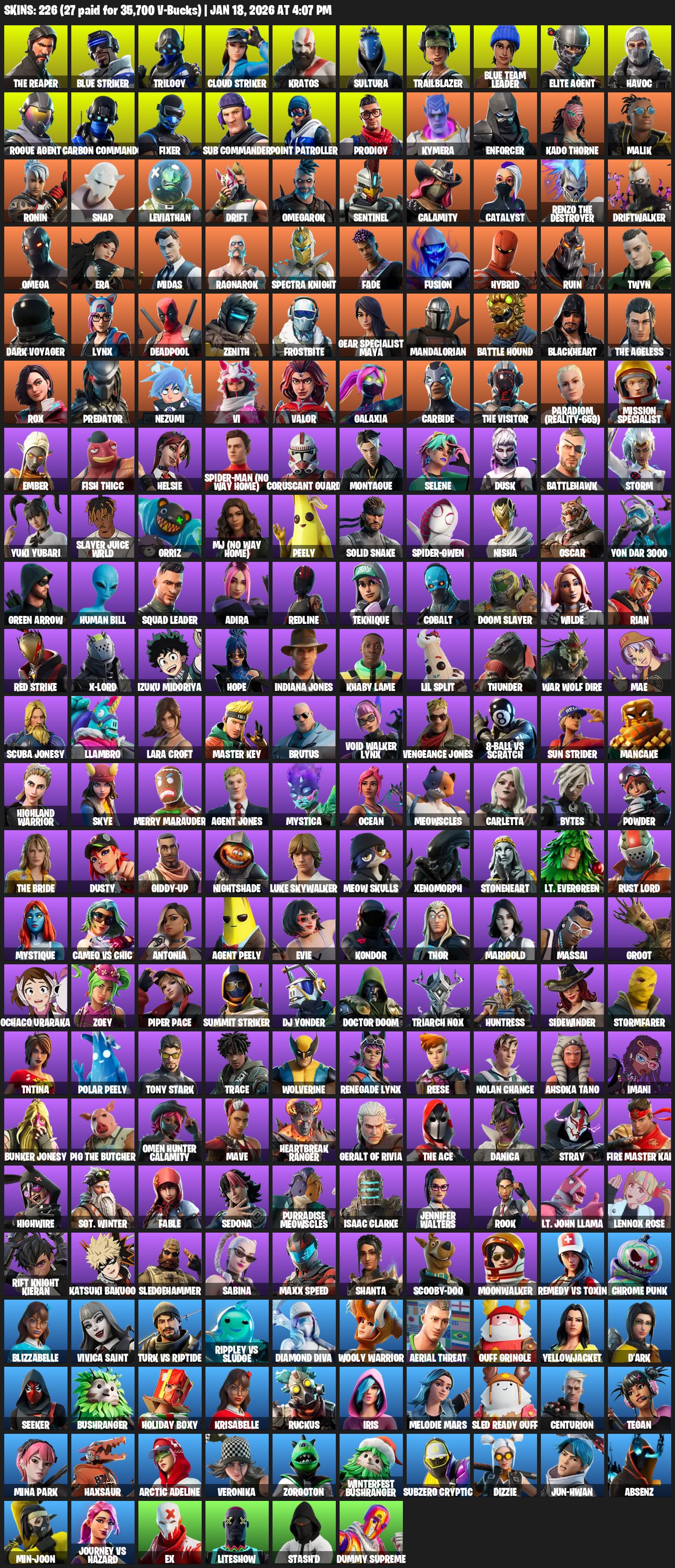 🌸226 SKINS💎The Reaper💎Leviathan Axe💎Elite Agent💎Kratos💎✨ Full Access✨, Sale, skins 226