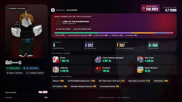 💸 потрачено Robux: 32K 👑Повелитель Buxeration 🗓 рег. 2022 👑 возраст 13+ 🔊 голосовой чат 🧱Rivals 8K, Продажа, Voice chat: Є