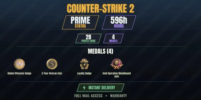 【CS2 Prime✨596ч🏆4 медалей】 Золота монета операції Bloodhound, Значок вірності, Монета ветерана 5, Продаж, З інвентарем, Є PRIME