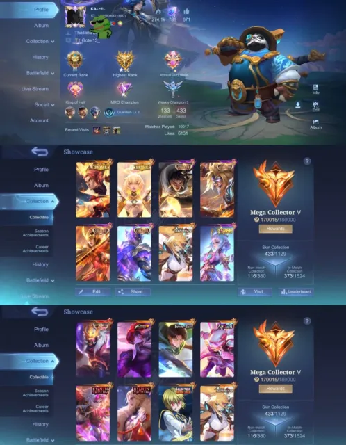 🏆 Mega 5 👑 1x Legend 🎭 4x Collector 🌹 2x Kishin Densetsu🍥 Julian HxH ⚔️ Martis AOT 🥊 Chou KOF, Sale, Rank: Mythical Immortal, Level: 91, Winrate: 60%, Heroes: 133, Skins: 433