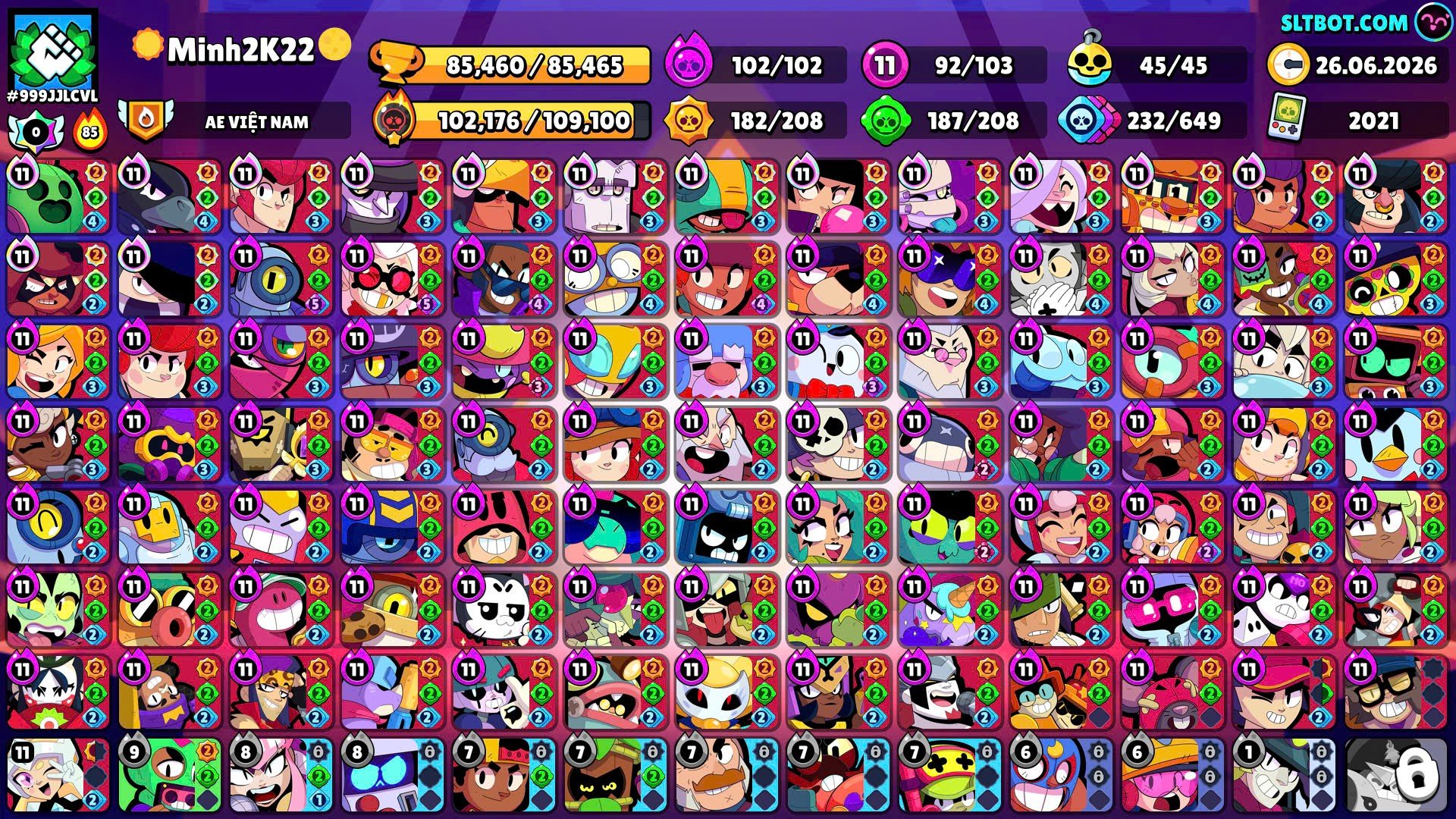 ➤All Brawlers 104/104➤92 Brawler Max Level 11➤102/104 Hypercharge➤45/45 buffie➤Huge skins➤, trophies 85450, brawlers 104
