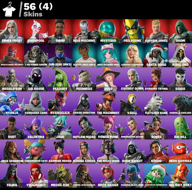👕 56 скинов 🎮 1059 Уровень 💰 500 V-bucks 💰 Emma Frost | Gwenpool | Shuri | War Machine | Mysterio |, Продажа, скины 56