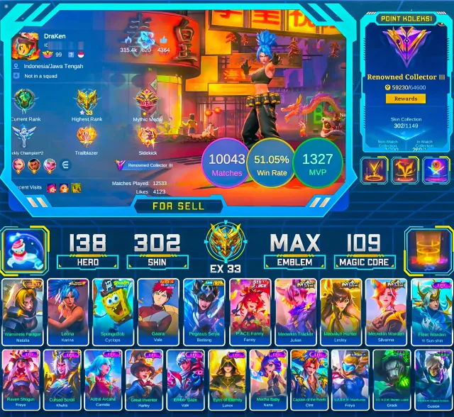 KOF KARINA | Hero 138 - Skins 302 | More Details Check Screenshot | Moonton Login - All Empty, Продажа, Ранг: Мифическая честь, Уровень: 129, Процент побед: 51%, Герои: 138, Облики: 302