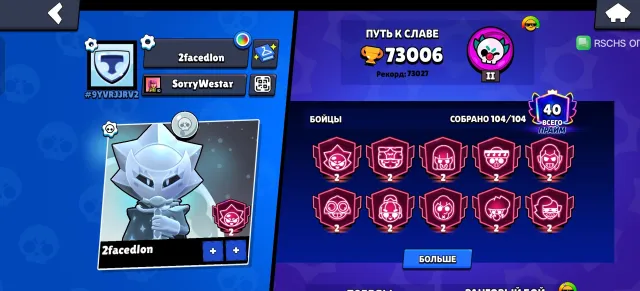 TOP BRAWL STARS ACCOUNT, trophies 73006, brawlers 104, primes 40