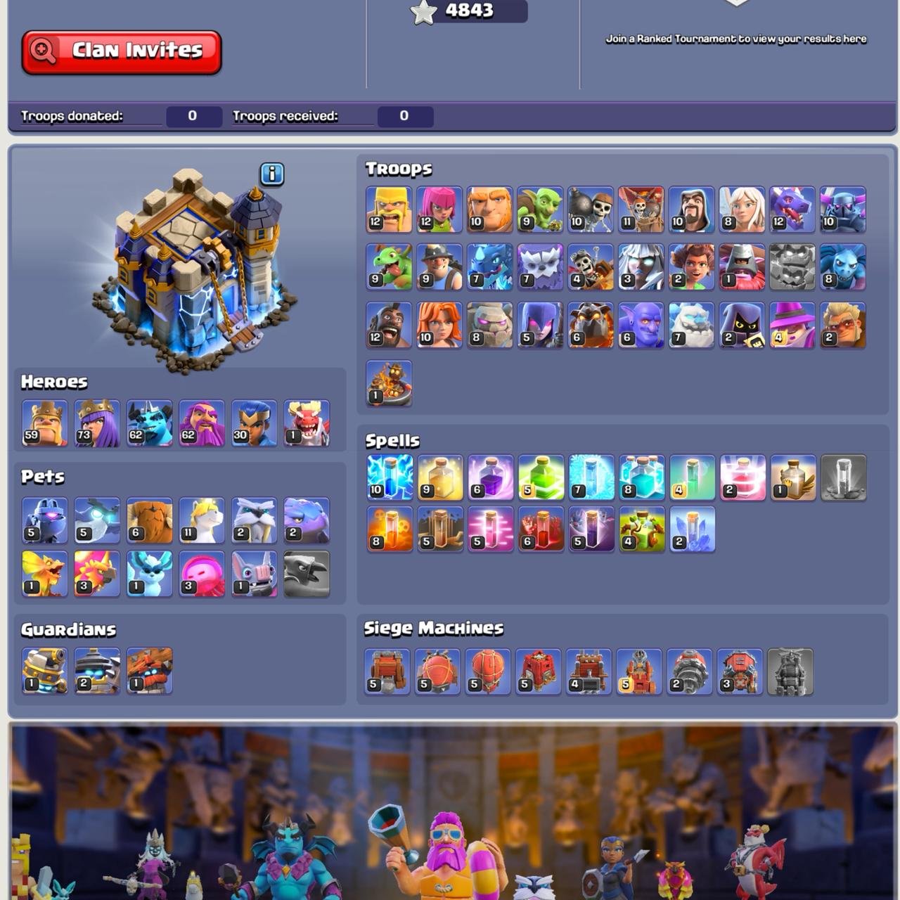 TH 18 Rare Account ✦ 4843 War Stars ✦ Level 241 XP ✦ 60-73-62-62-30 Heroes ✦ 5x Epic High Level, 18 TH Main Village, 1 TH Builder