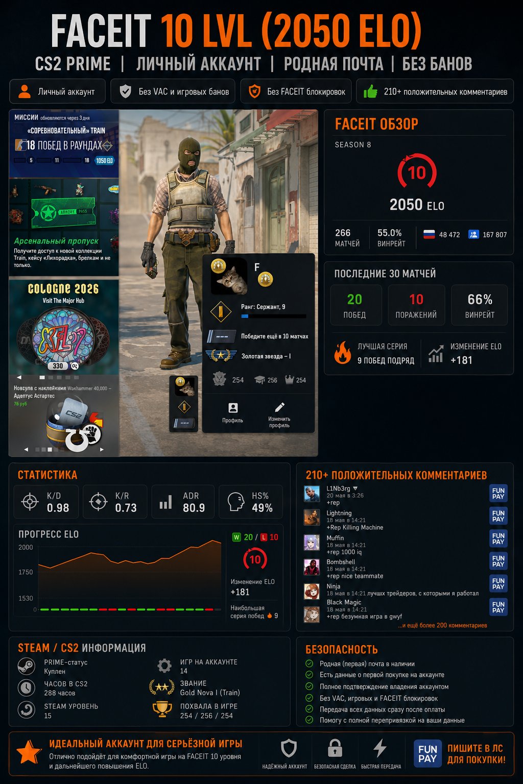 🔥 FACEIT 10 LVL (2048ELO) ⭐️ PRIME ⭐️ Native mail ⭐️ THERE IS VERIFICATION ⭐️ 1st purchase🔥, Sale, Available, Yes PRIME, FACEIT, 2048 ELO, With registration: Yes