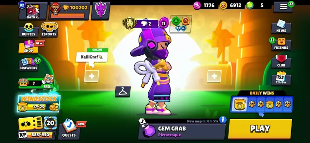 Brawl Stars account 100000 trophies 2 third primes, 100202 trophies, 106 brawlers, 82 primes