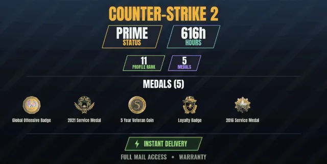 【CS2 Prime👑616h✨5 medals】 Service Medal 2016, Service Medal 2021, Loyalty Badge, 5 Year, Sale, With inventory, Has PRIME