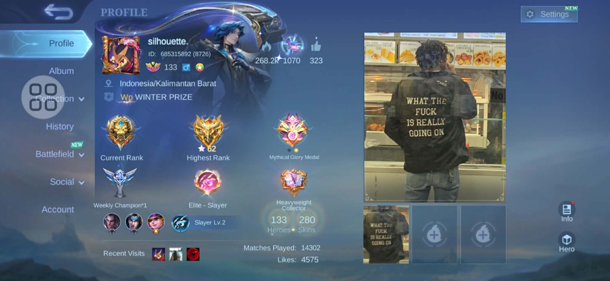 280 skins | all max | ios + Android | global!, Sale, Rank: Mythic, Level: 133, Winrate: 55%, Heroes: 133, Skins: 280