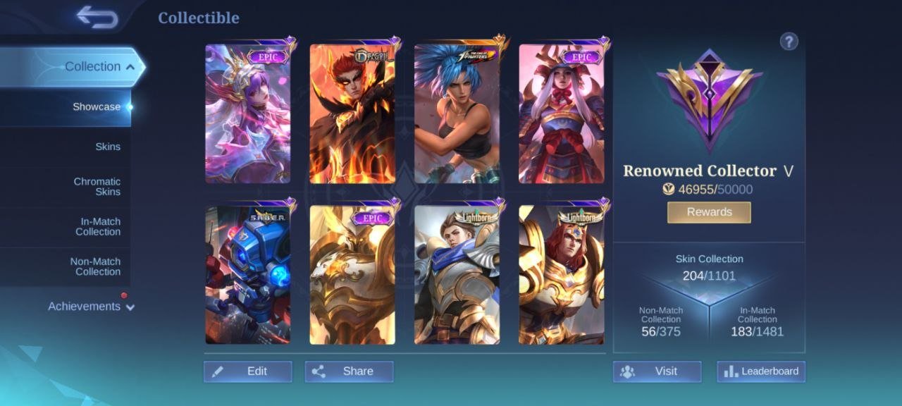 204 Skins✅34 deluxe✅EPIC lunox⇨valir Gaara Vale ⇨Uranus ⇨Freya emblem Max, Sale, Rank: Mythic, Level: 69, Winrate: 47%, Heroes: 110, Skins: 204