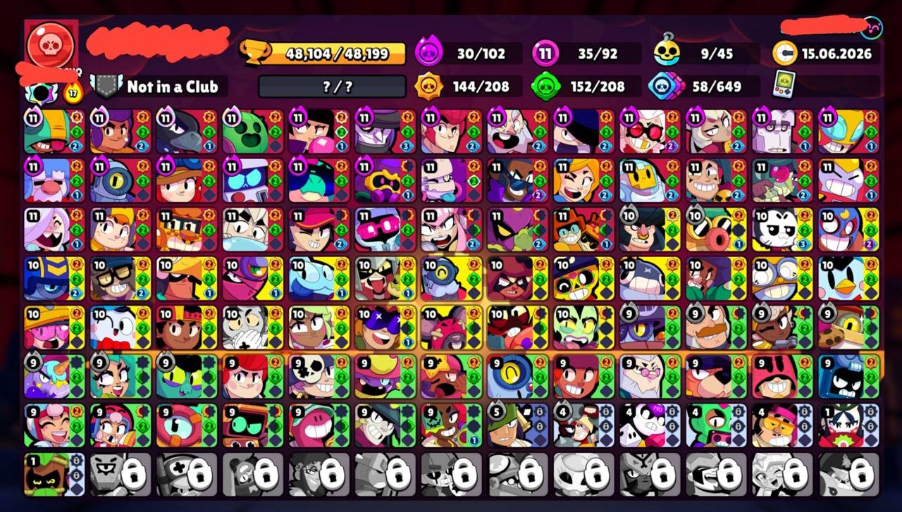 🗯📌48,103🏆🌟92/103👤30 HYPER35 11 POWER🪙222 SKINS ~ 19,478 GEMS💠5 TITLES💮9 BUFFS🌀🔰〔NAME CHANGE 60〕🔰, trophies 48103, brawlers 92, primes 1