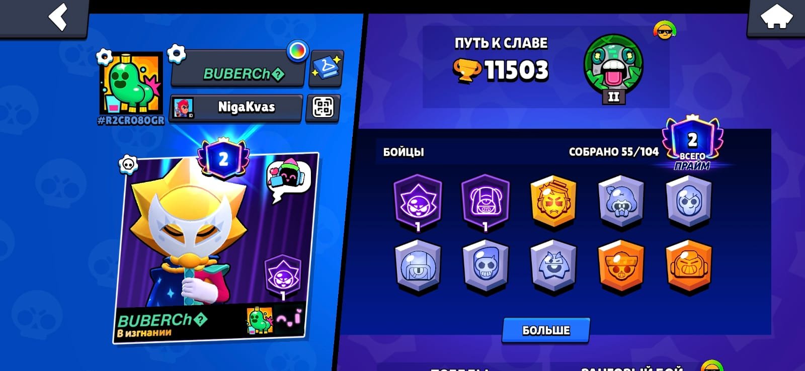 TOP ACC 2023 2 PRIME 90 SKINS 5 11 3 10 12 9 POWER 6 HYPERS SIRIUS Automatic issue, trophies 11503, brawlers 55, primes 2