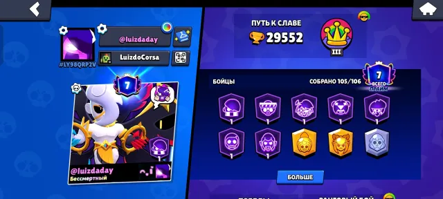For details, waiting in DMs., 29552 trophies, 105 brawlers, 7 primes