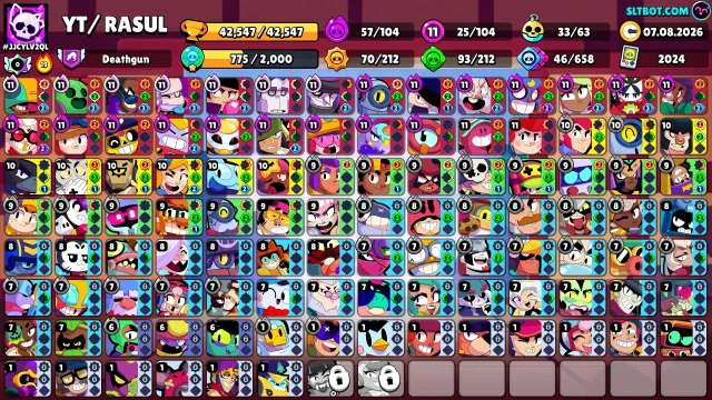 🌃WORK [24/7]🔵🌑☑️ 104 FIGHTERS ☑️ 57 HYPERS ☑️ 25 11 STR ☑️ 337 SKINS ~28K GEMS ☑️ 33 BUFFY ☑️🌑🔵, trophies 42547, brawlers 104, primes 18