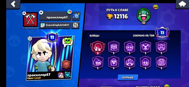 HeysushhzhZ4 word, a few buffs. Everything else is in the screenshot., trophies 12000, brawlers 49, primes 11